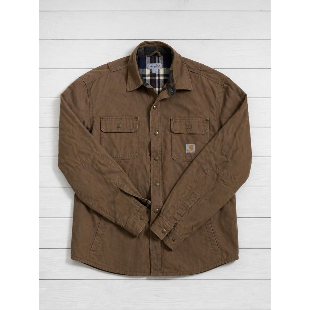 Carhartt Mens Brown Hubbard Plaid Lined Canvas Shirt Jacket Large